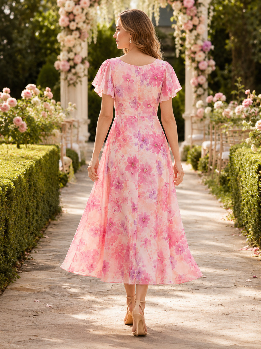 Blushing Pink Floral Square Neck Chiffon Midi Guest Dress back view
