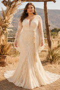 Plus Size Champagne Long Sleeve Lace Mermaid Wedding Dress with V-Neck front view