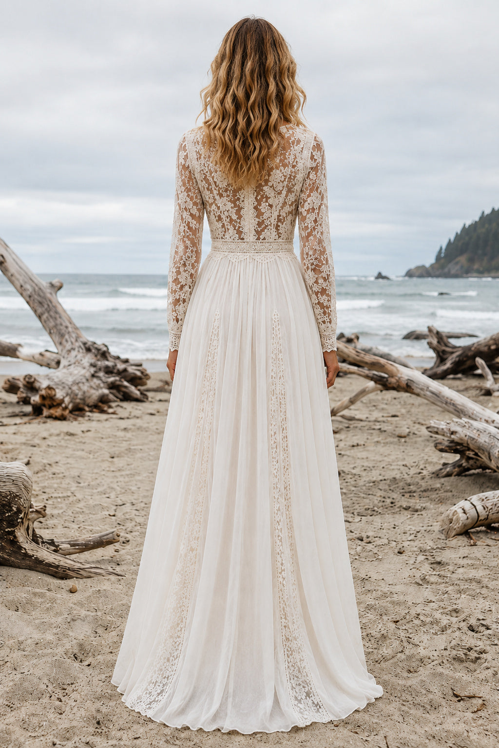 Ivory V-Neck Long Sleeve Lace A-Line Wedding Dress with Simple Chiffon Skirt back view