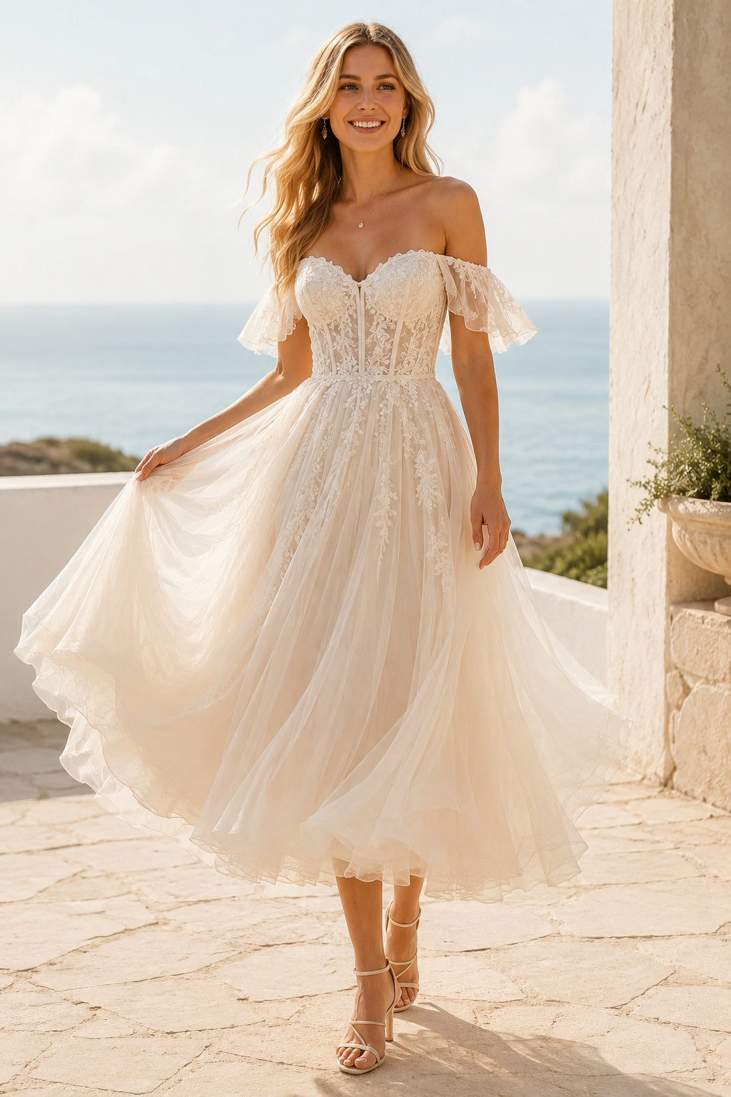 Ivory Off Shoulder Applique Tulle Tea Length Wedding Dress for Wedding Reception and Party Style MG_700994 front view