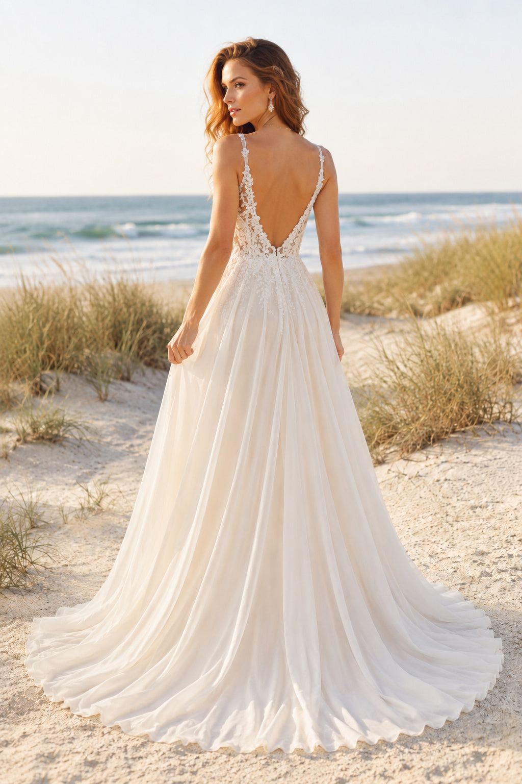 Ivory Spaghetti V-Neck Chiffon A-Line Beach Wedding Dress Split Train for Wedding Ceremony and Reception back view