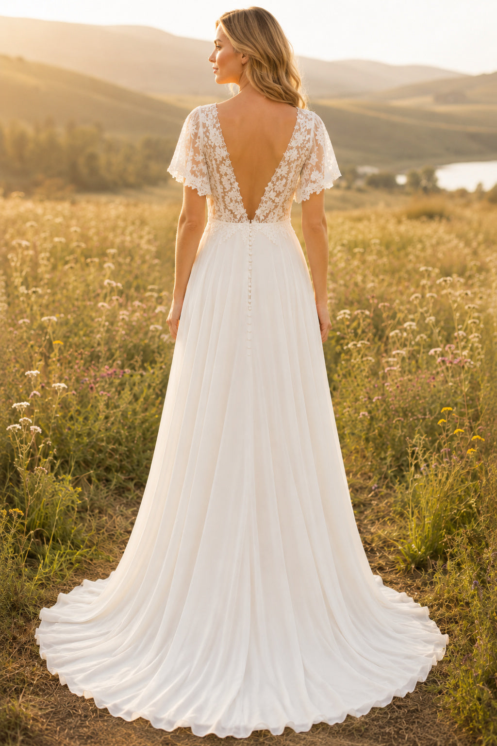 Ivory V-Neck Flutter Sleeve Chiffon A-Line Wedding Dress with Lace Bodice and Train back view