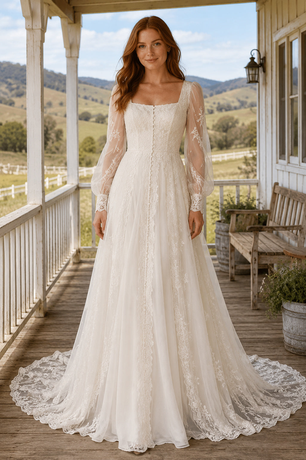 Ivory Long Sleeve Square Neck Lace A-Line Wedding Dress with Illusion Back and Chapel Train front view