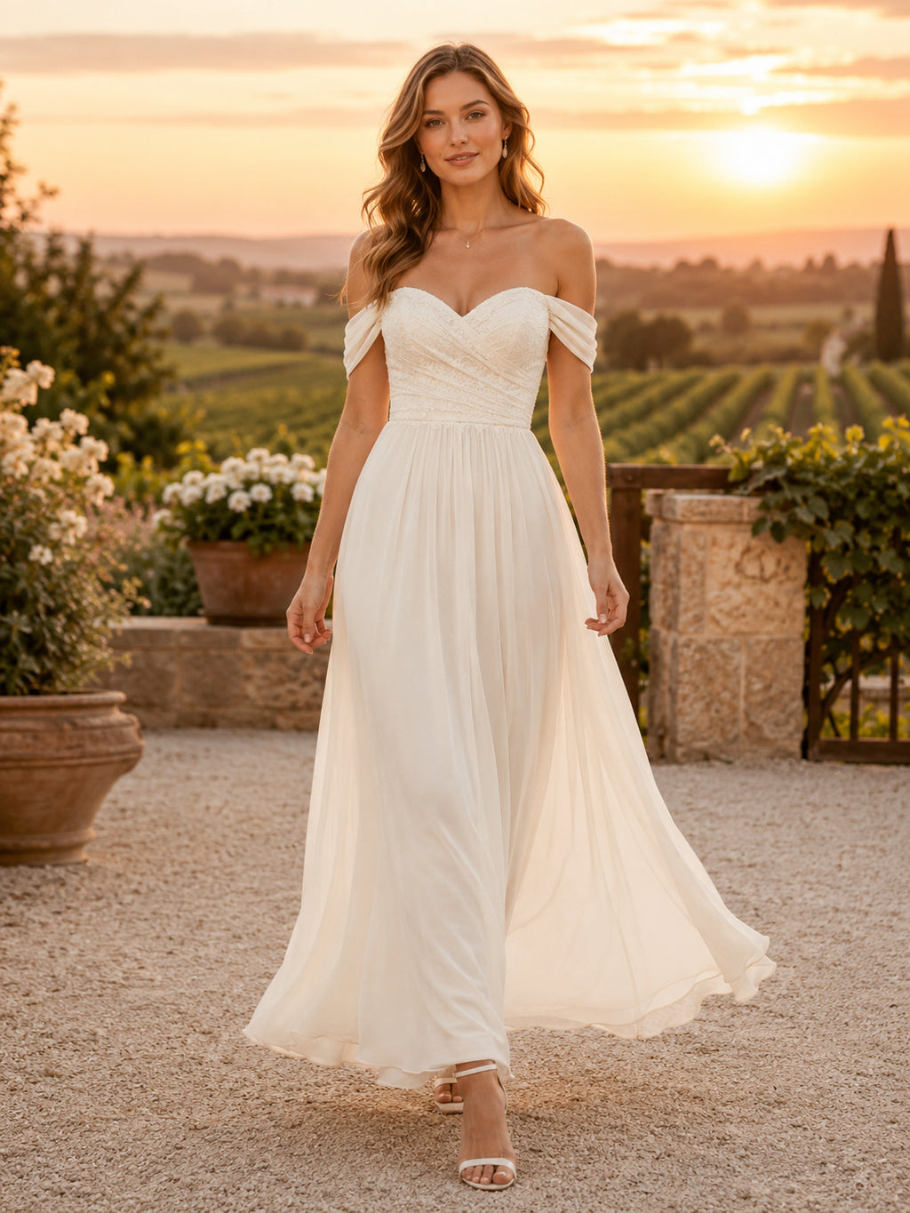 Minimalist Chiffon Wedding Dress A-Line Off Shoulder Sweep Train Lace-Up Corset Back Bridal Gown front view