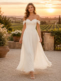 Minimalist Chiffon Wedding Dress A-Line Off Shoulder Sweep Train Lace-Up Corset Back Bridal Gown front view