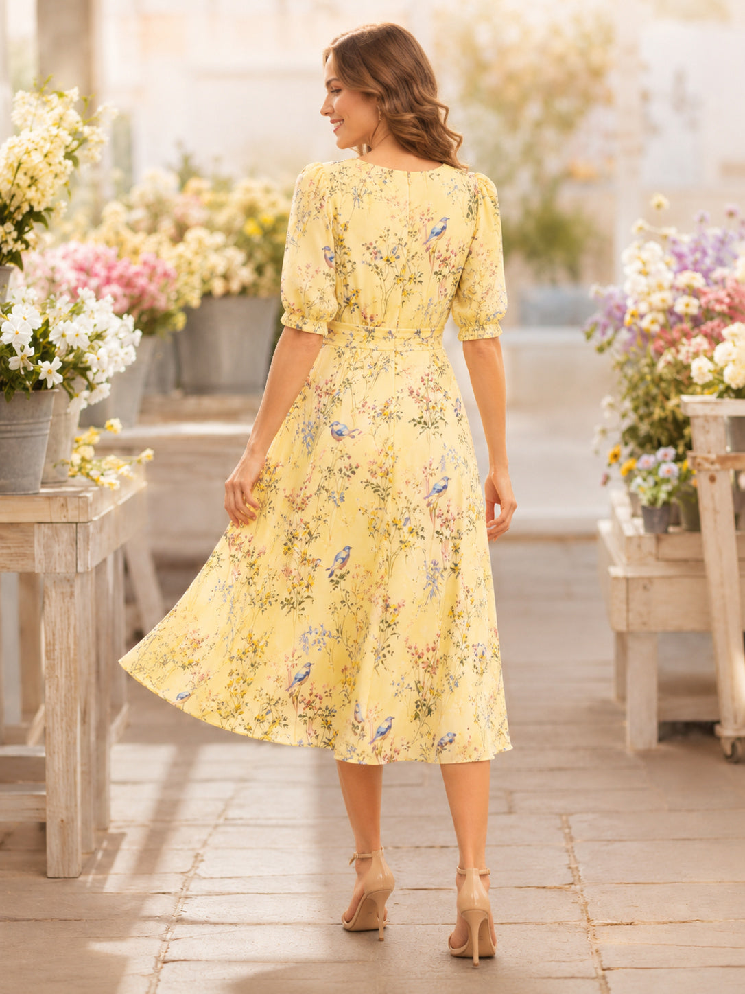 Yellow V Neck Bird Floral Garden Party Midi Dress back view