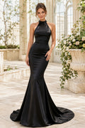 Black Halter Satin Mermaid Evening Dress with High Neck and Sweep Train front view