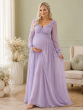 Lilac Maternity Long Poet Sleeve Ruffle V Neck Chiffon A-Line Evening Gown front view