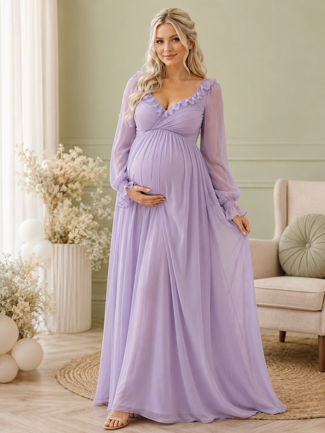 Lilac Maternity Long Poet Sleeve Ruffle V Neck Chiffon A-Line Evening Gown front view