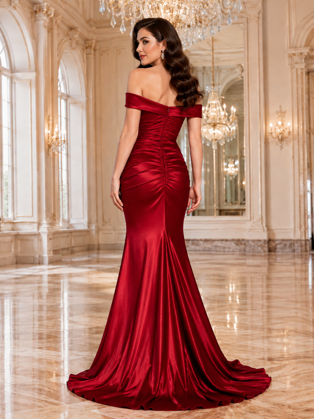 Red off shoulder sweetheart satin mermaid floor length prom gown back view