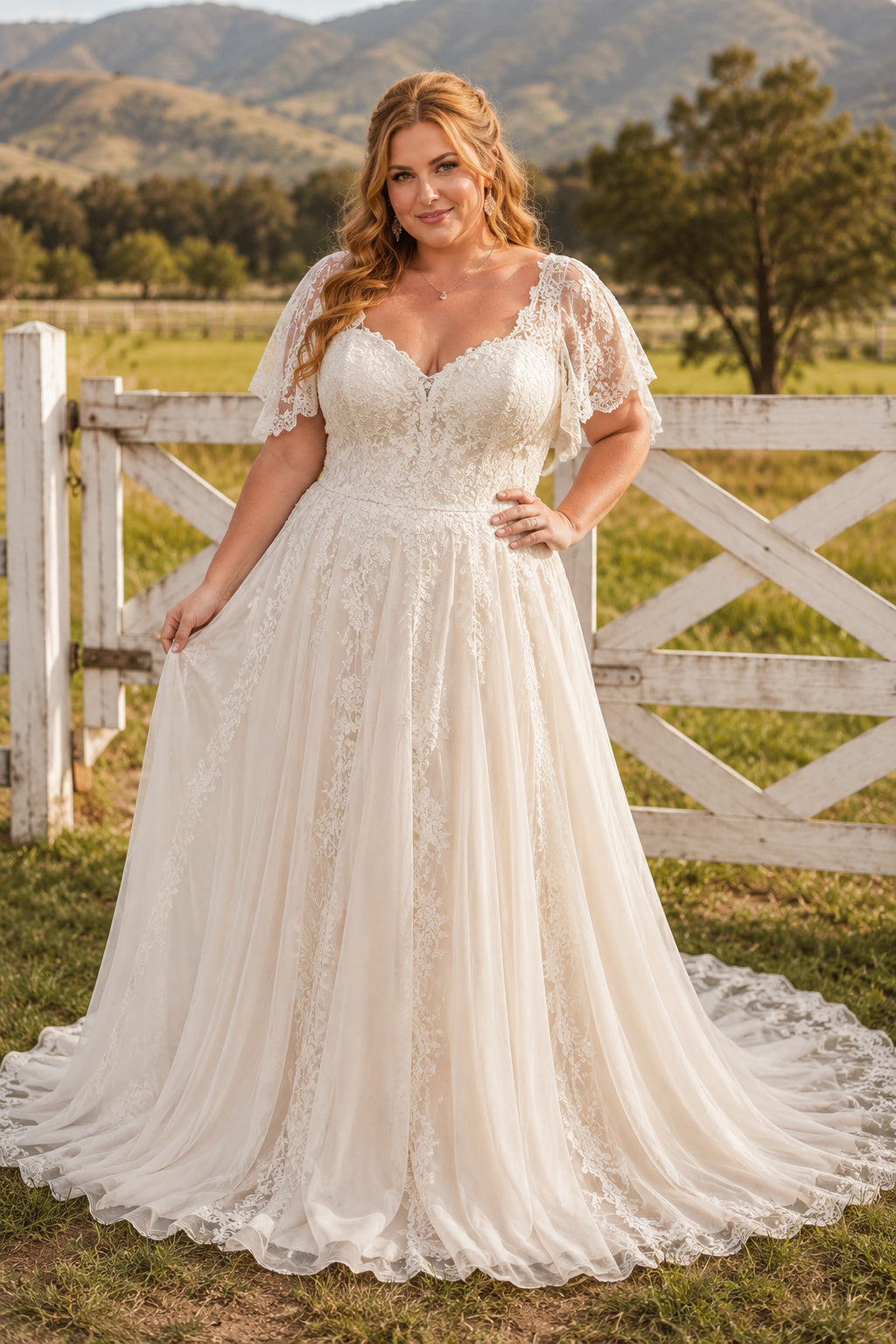 Plus Size Ivory V-Neck Flutter Sleeve Lace Tulle A-Line Wedding Dress with Flutter Sleeves and Soft Tulle Chapel Train front