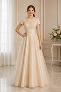 Champagne Lace Cap Sleeve Bodice with Smooth Satin Skirt Floor Length A-Line Wedding Dress front view