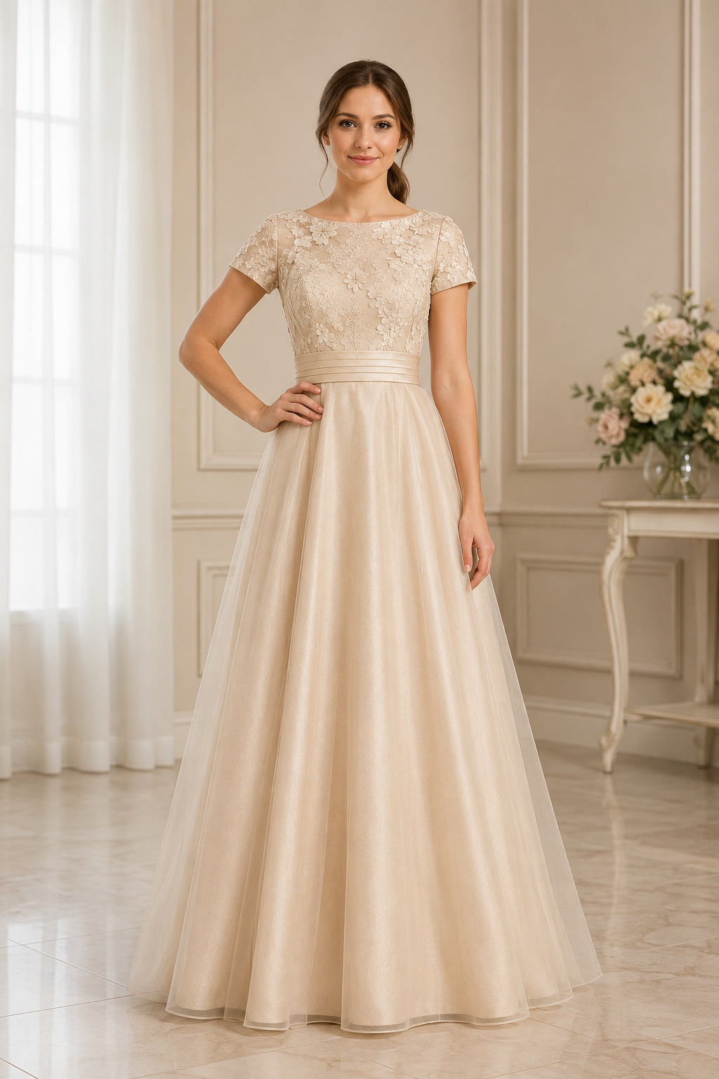 Champagne Lace Cap Sleeve Bodice with Smooth Satin Skirt Floor Length A-Line Wedding Dress front view