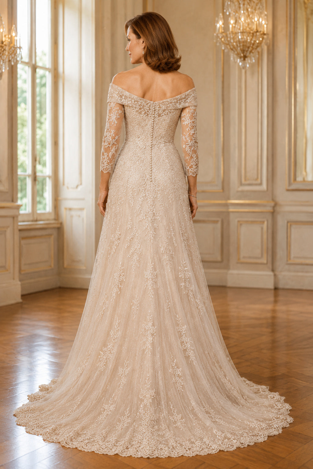 Champagne Off Shoulder Lace A-Line Mother Dress with Three Quarter Sleeves and Train back view
