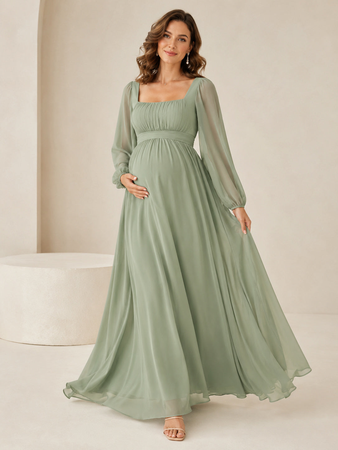 Sage Square Neck Long Sleeve Chiffon Maternity Formal Gown front view