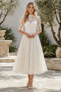 Ivory Modest High Neck Tea-Length A-Line Tea Length Tulle Wedding Dress with Half Lace Sleeves and Tea-Length Hem front view