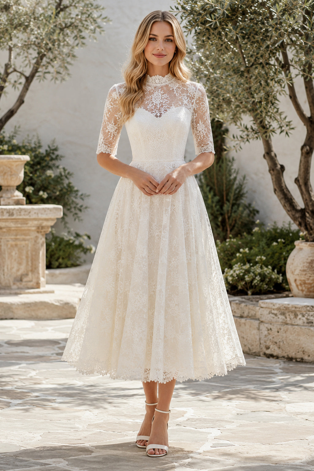 Ivory Modest High Neck Tea-Length A-Line Tea Length Tulle Wedding Dress with Half Lace Sleeves and Tea-Length Hem front view
