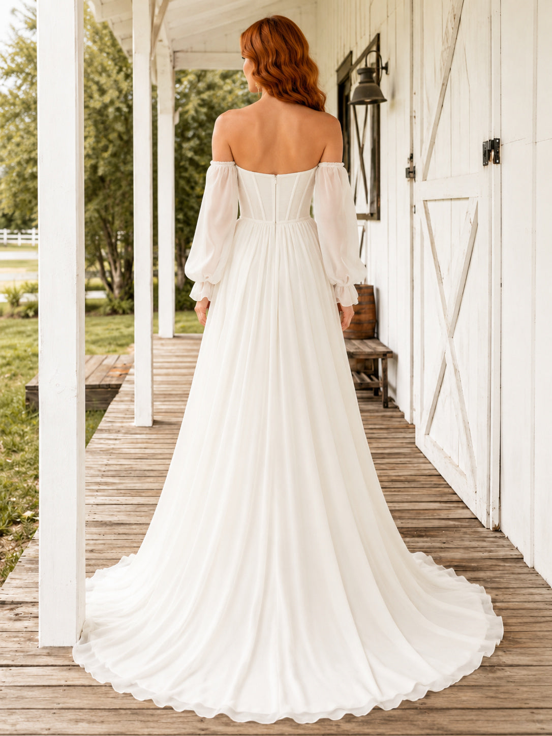 Western Off-Shoulder Corset Poet Sleeve Chiffon A-Line Sweep Wedding Dress back view