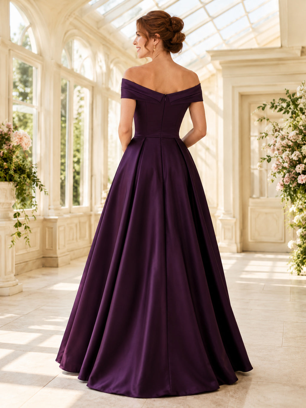 Plum Off-Shoulder Satin Ball Gown Floor-Length Black-Tie Guest Dress back view