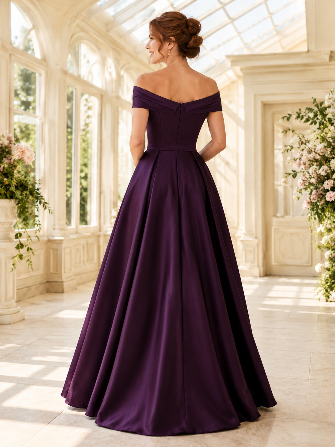 Plum Off-Shoulder Satin Ball Gown Floor-Length Black-Tie Guest Dress back view