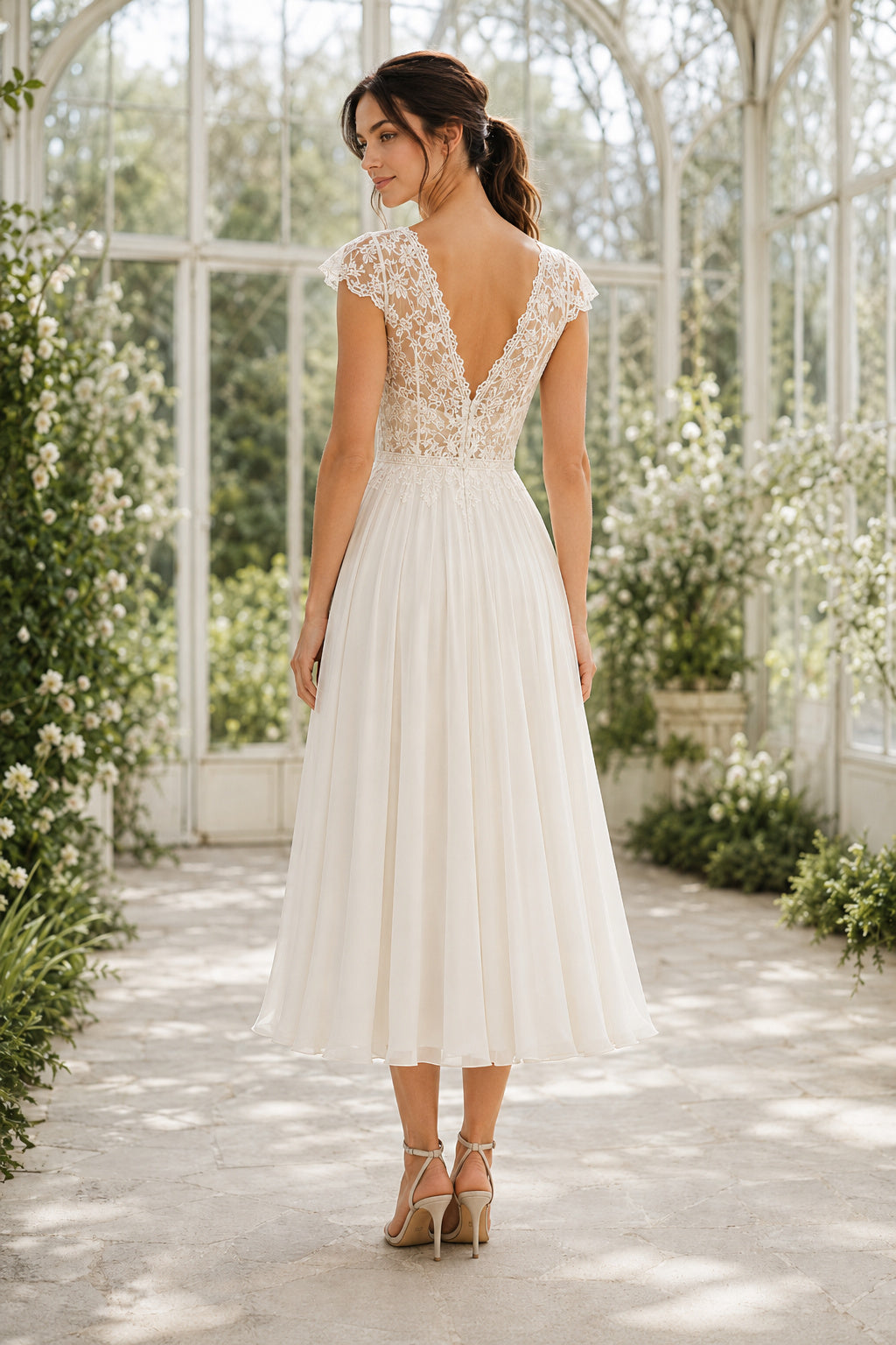Ivory V-Neck Lace Chiffon Tea Length Wedding Dress for Wedding Reception and Party back view