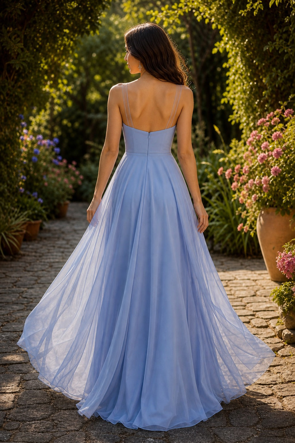 Light Blue Square Neck Floor-Length Tulle A-Line Dress