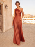 Terracotta Satin Sheath One-Shoulder Sleeveless Draped Open Back Floor-Length Bridesmaid Dress front view