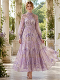 Art Nouveau Lavender High Neck Tiered Midi Dress front view
