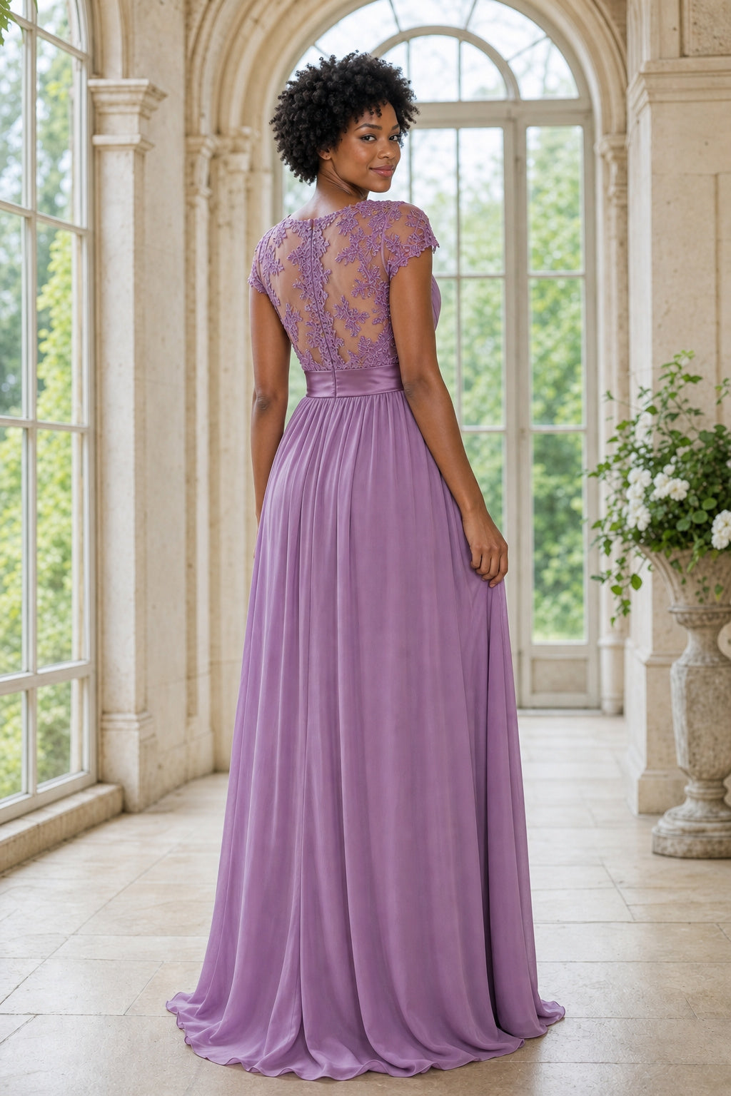 Illusion Neck Cap Sleeve A-Line Chiffon Floor-Length Dress With Lace Bodice