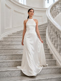 Minimalist Halter Satin A-Line Sweep Train Wedding Dress front view