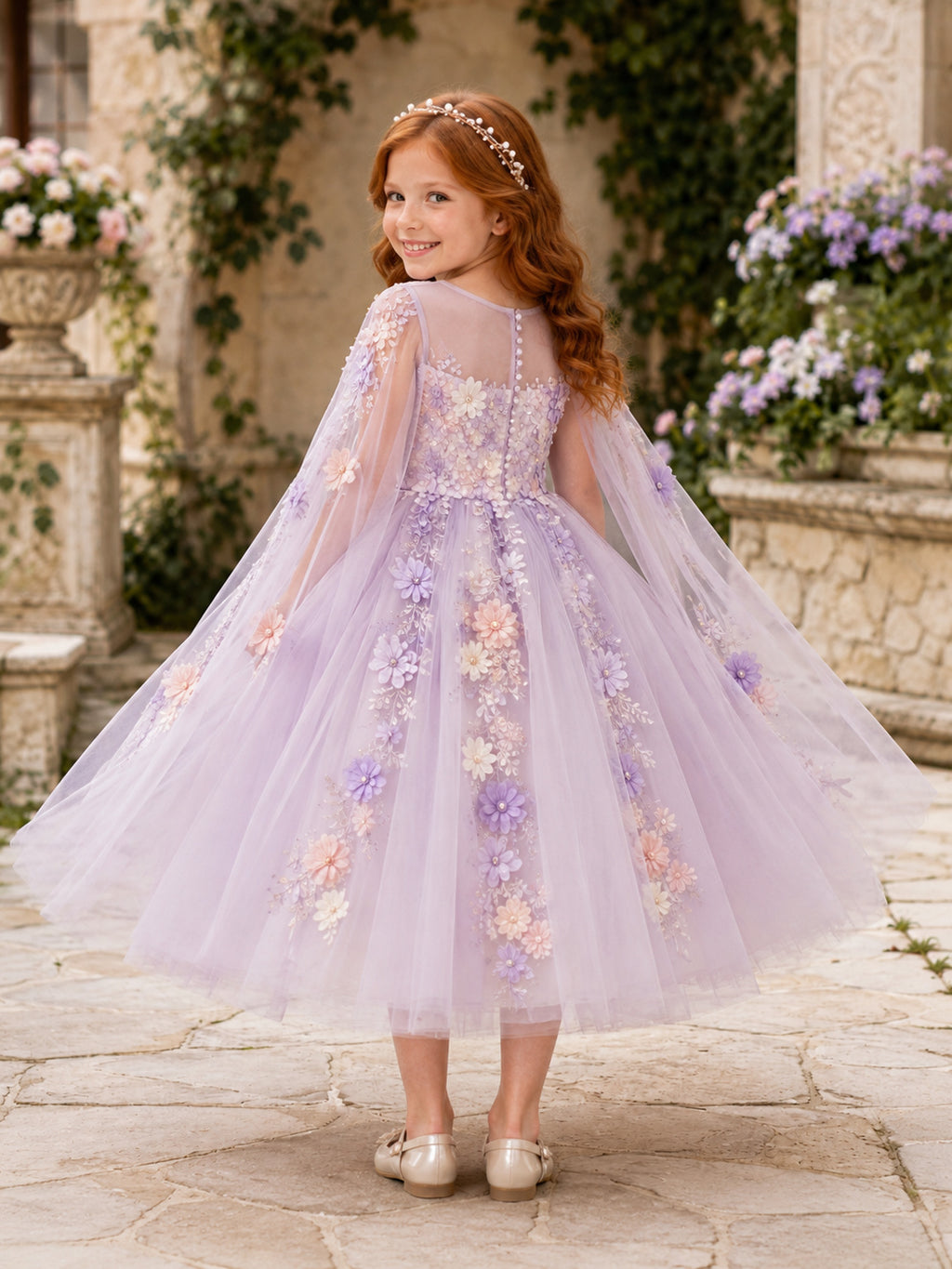 Lavender Floral Flower Girl Gown with Long Illusion Petal Sleeves, Applique Tulle A-Line, Full Skirt, and Formal Garden Style