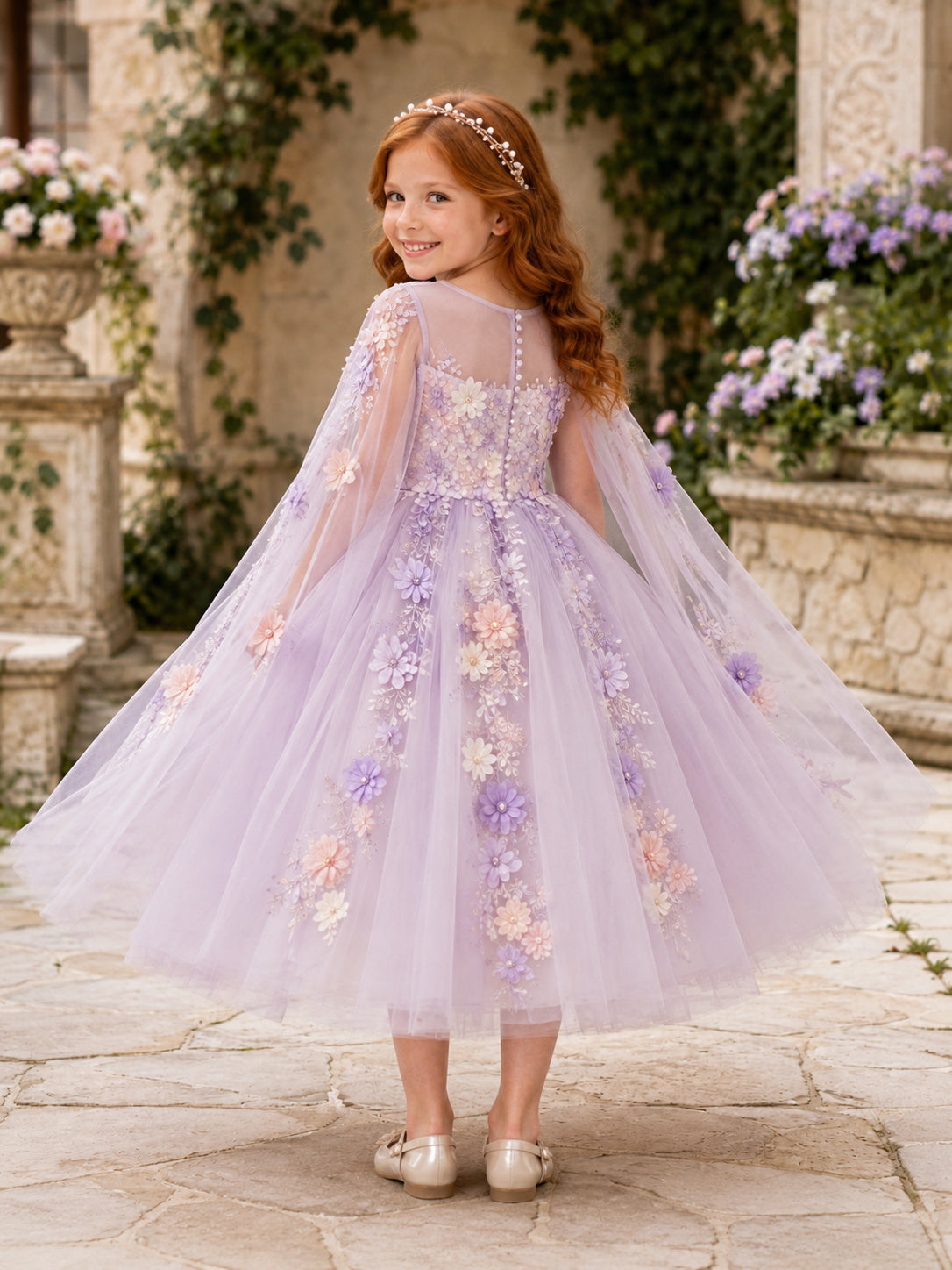 Lavender Floral Flower Girl Gown with Long Illusion Petal Sleeves, Applique Tulle A-Line, Full Skirt, and Formal Garden Style