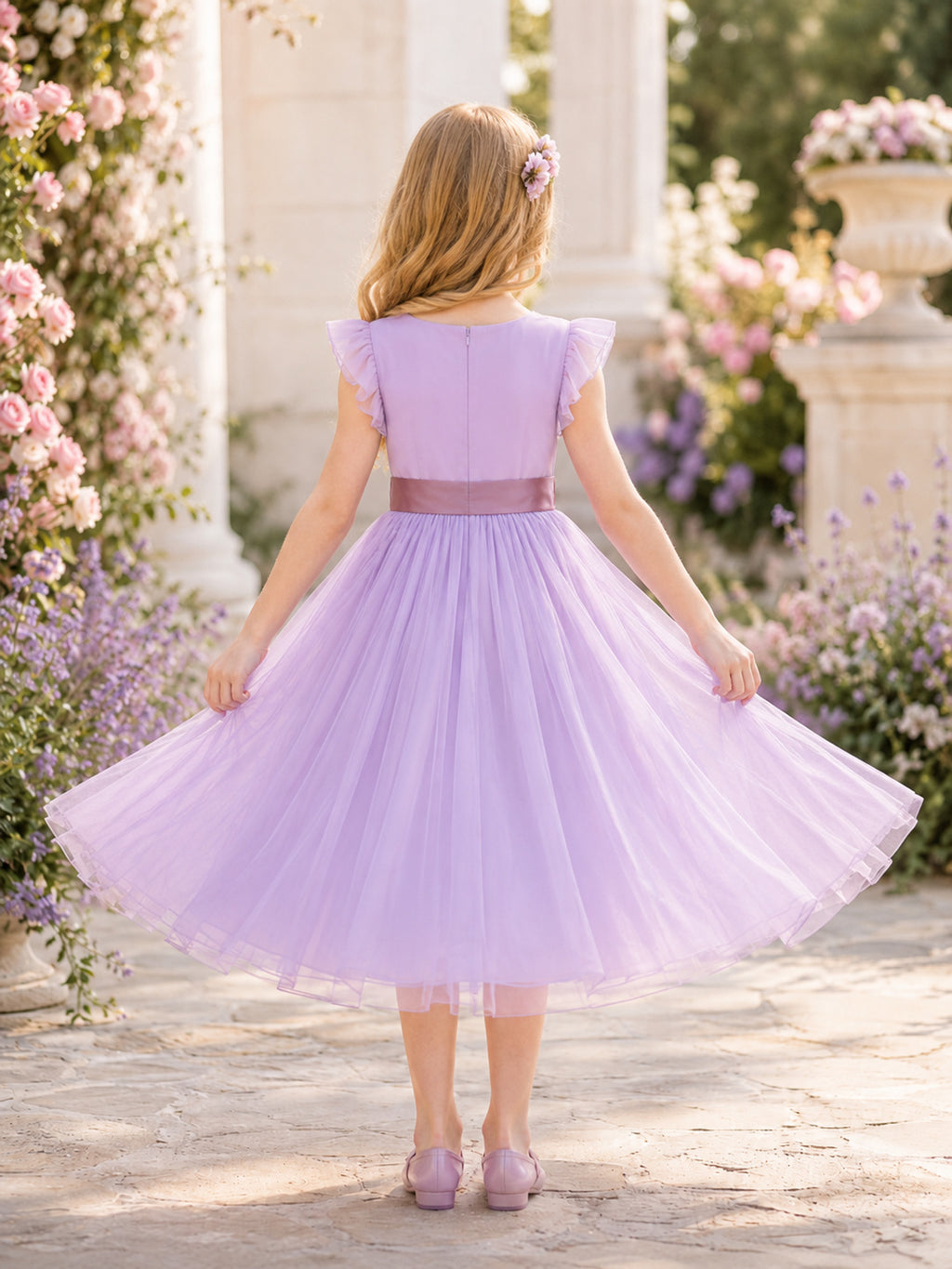 Flower Girl Dress Lavender Tulle A-Line Sleeveless Jewel Neck Tea Length Bow Back back view