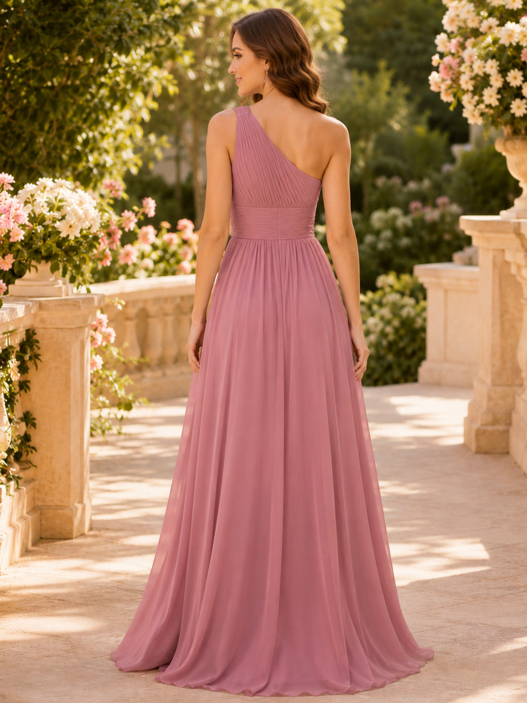 Dusty Rose One Shoulder Chiffon A Line Evening Dress back view