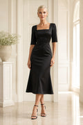 Black Square Neck Half Sleeve Satin Midi Sheath Cocktail Dress for Mother of the Bride, Wedding Guest, and Formal Events fron