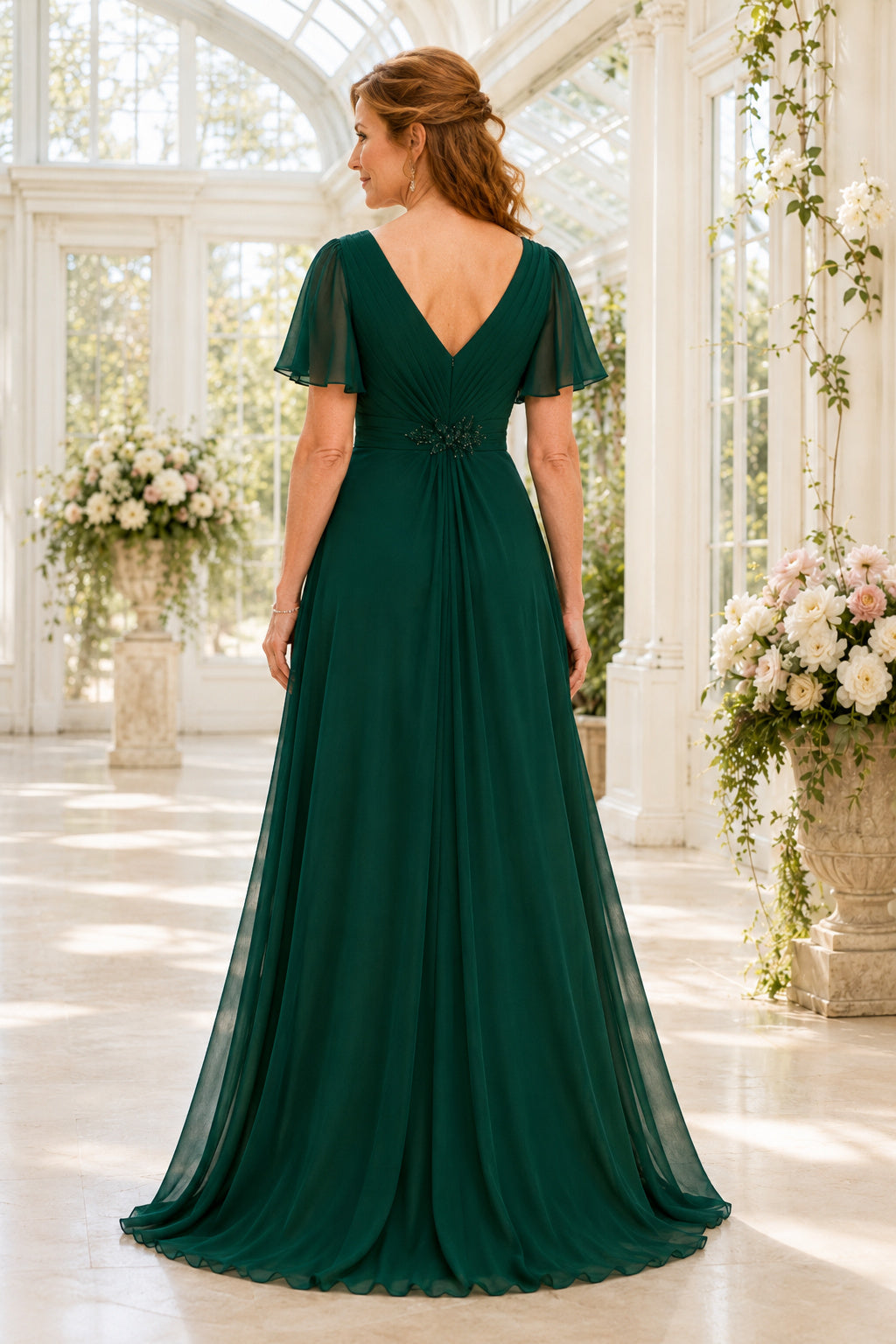 Dark Green V-Neck Chiffon Mother Dress with Flutter Sleeves and Ruched Waist for Evening Reception back view