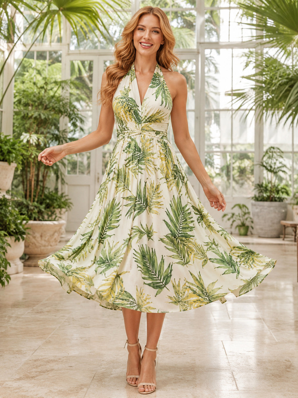 Soft Green Palm Print Halter Garden Midi Dress front view