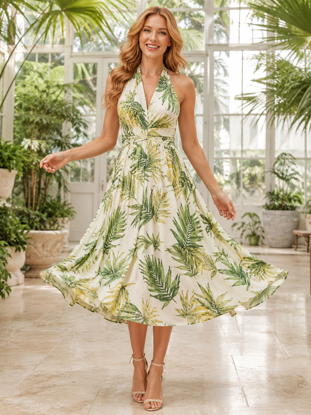 Soft Green Palm Print Halter Garden Midi Dress front view