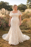 Plus Size Ivory Square Sweetheart Cap Sleeve Lace Tulle Mermaid Wedding Dress with Fitted Lace Skirt and Chapel Train front v