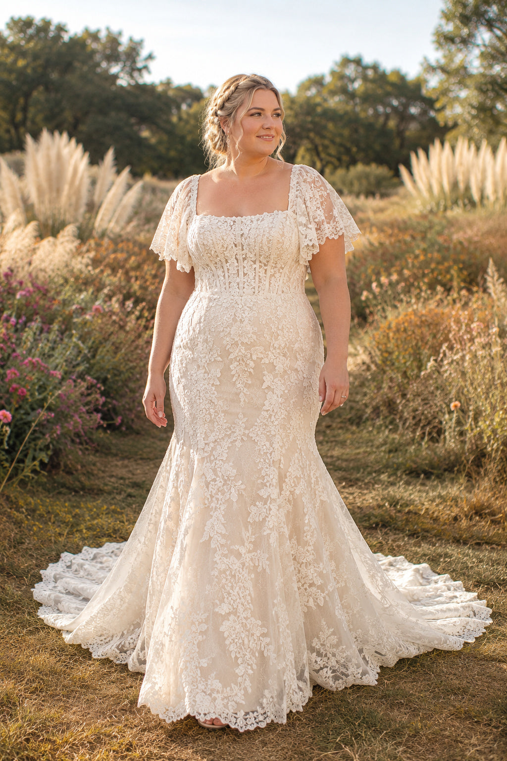 Plus Size Ivory Square Sweetheart Cap Sleeve Lace Tulle Mermaid Wedding Dress with Fitted Lace Skirt and Chapel Train front v