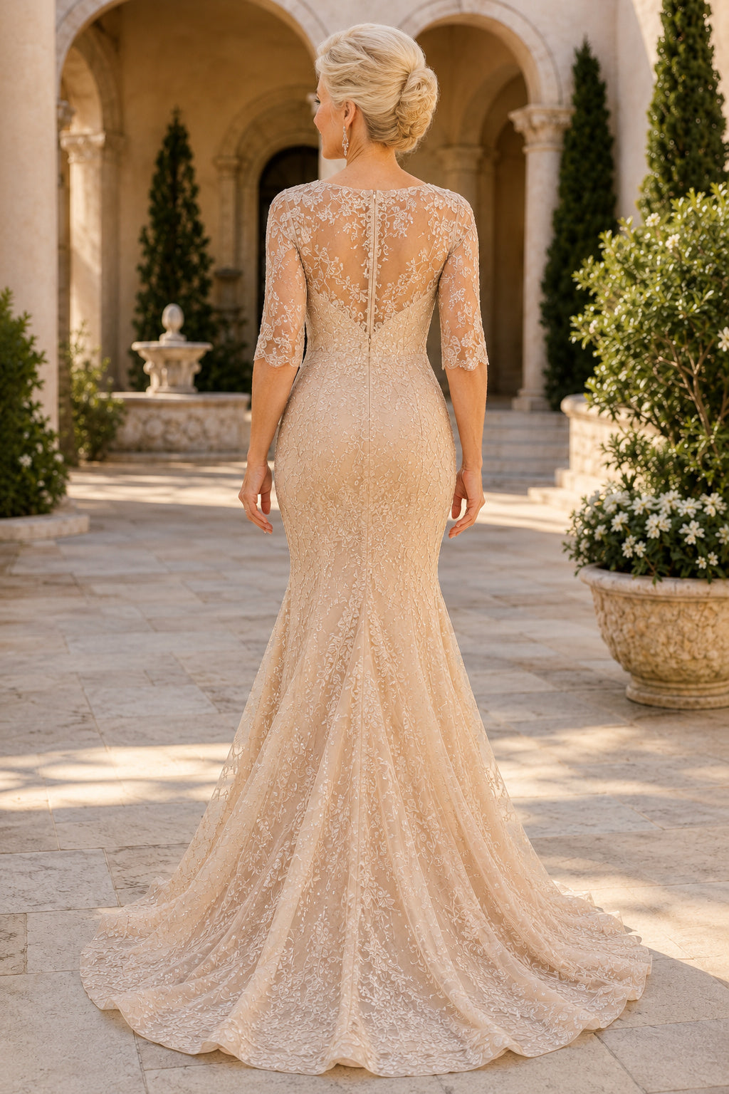 Champagne V-Neck Lace Mermaid Mother Dress with Three Quarter Sleeves and Sweep Train back view