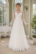 White Off-the-shoulder Flutter Sleeves A-Line Crepe Floor-length Wedding Dress With Pleated Skirt and Layered Skirt and Open Back