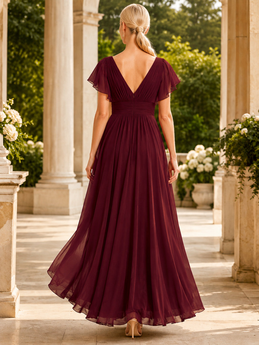 Burgundy V Neck Chiffon Flutter Sleeve Evening Dress back view