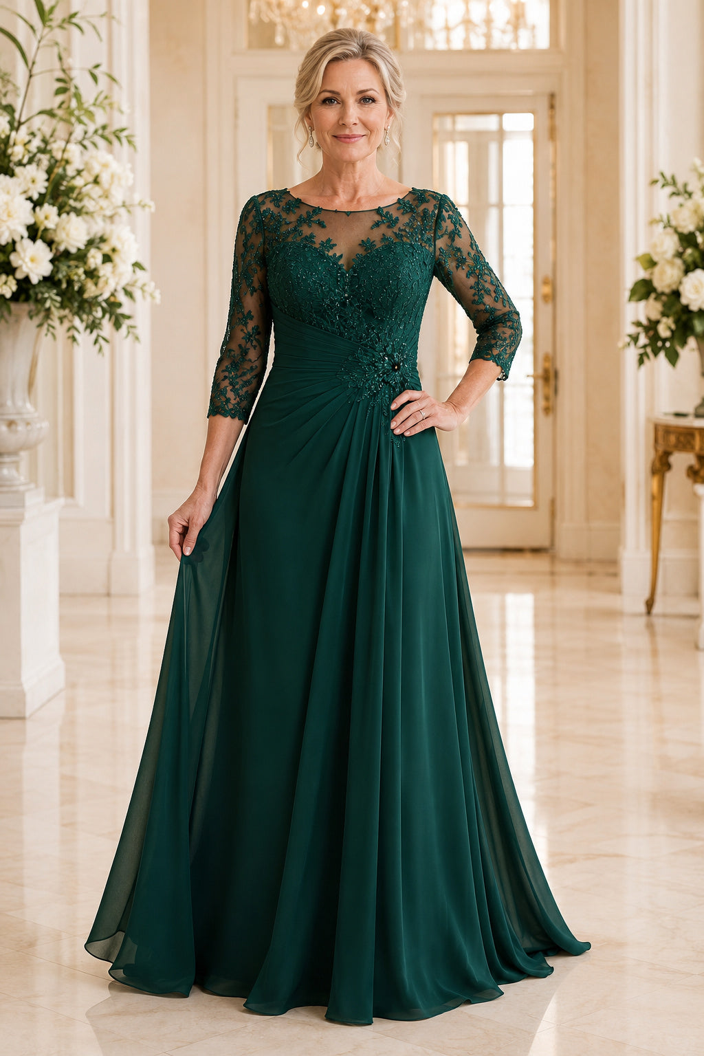 Dark Green Chiffon A-Line Mother Dress with Lace Illusion Three Quarter Sleeves front view