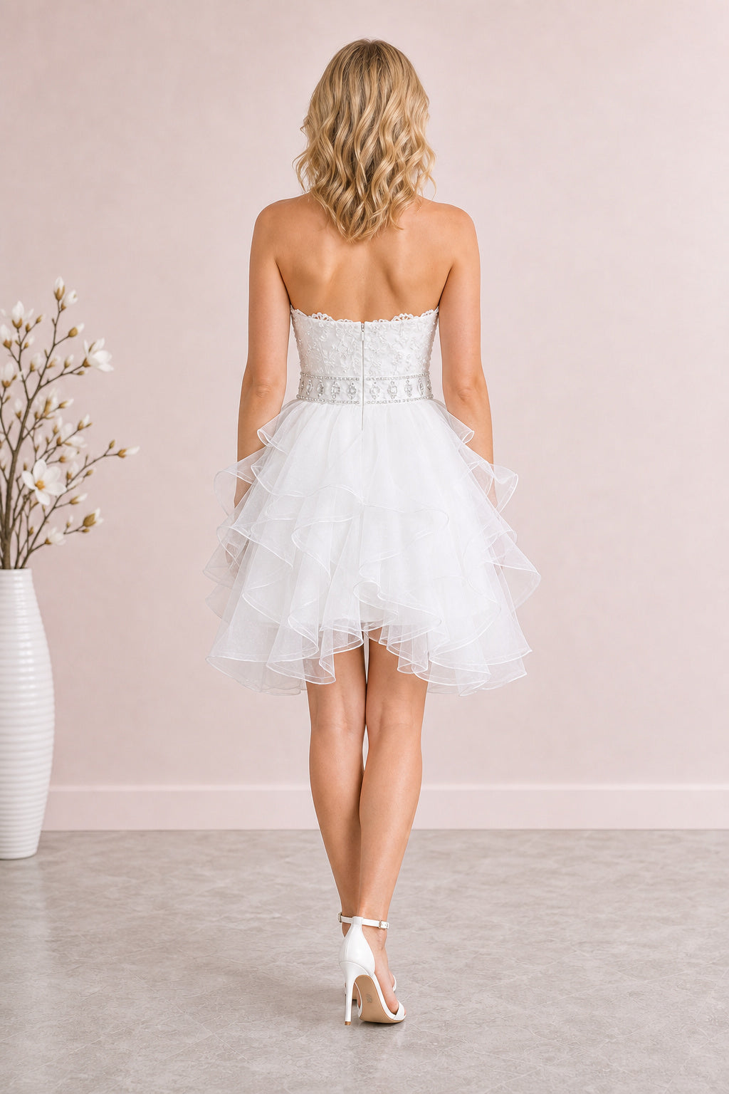 White Strapless Short Tulle Dress With Feathered Skirt