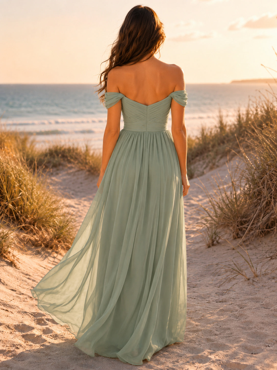 Sage off shoulder chiffon beach guest maxi dress with slit back view