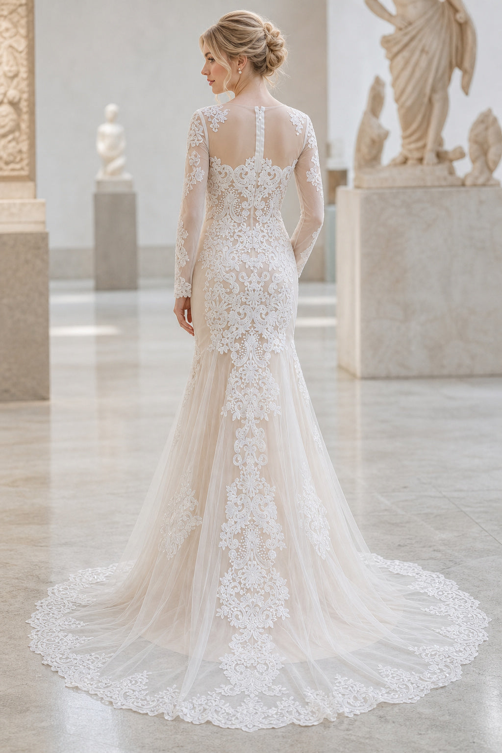 White V-neck Mermaid Crepe, Lace Floor-length Wedding Dress With Lace and Beaded Waist and Open Back