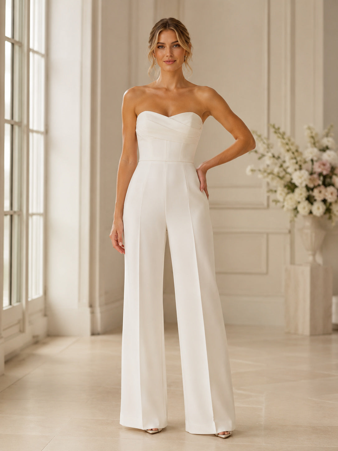 Modern Second Look Bridal Jumpsuit Strapless Sweetheart Wide Leg Wedding Outfit front view