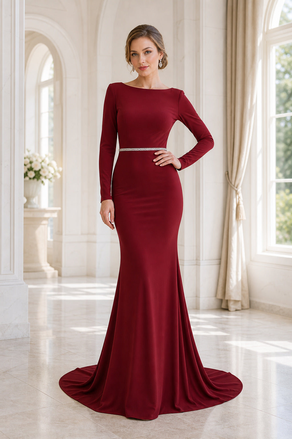 Burgundy Bateau Long Sleeve Mermaid Floor-Length Dress With Open Back