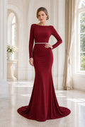 Burgundy Bateau Long Sleeve Mermaid Floor-Length Dress With Open Back